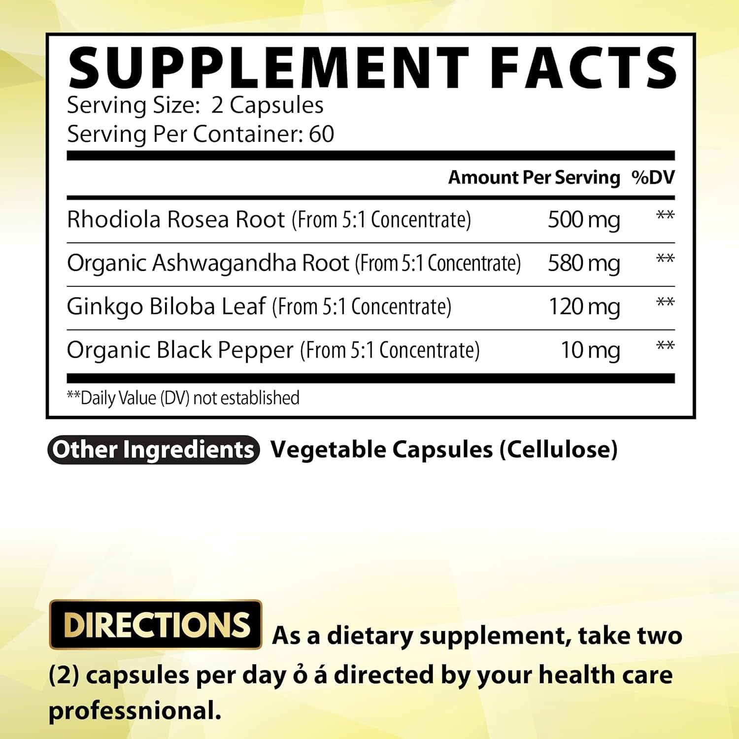 Ginkgo Biloba + Rhodiola Rosea + Ashwagandha Capsules - 120 Vegan Capsules for 2 Month