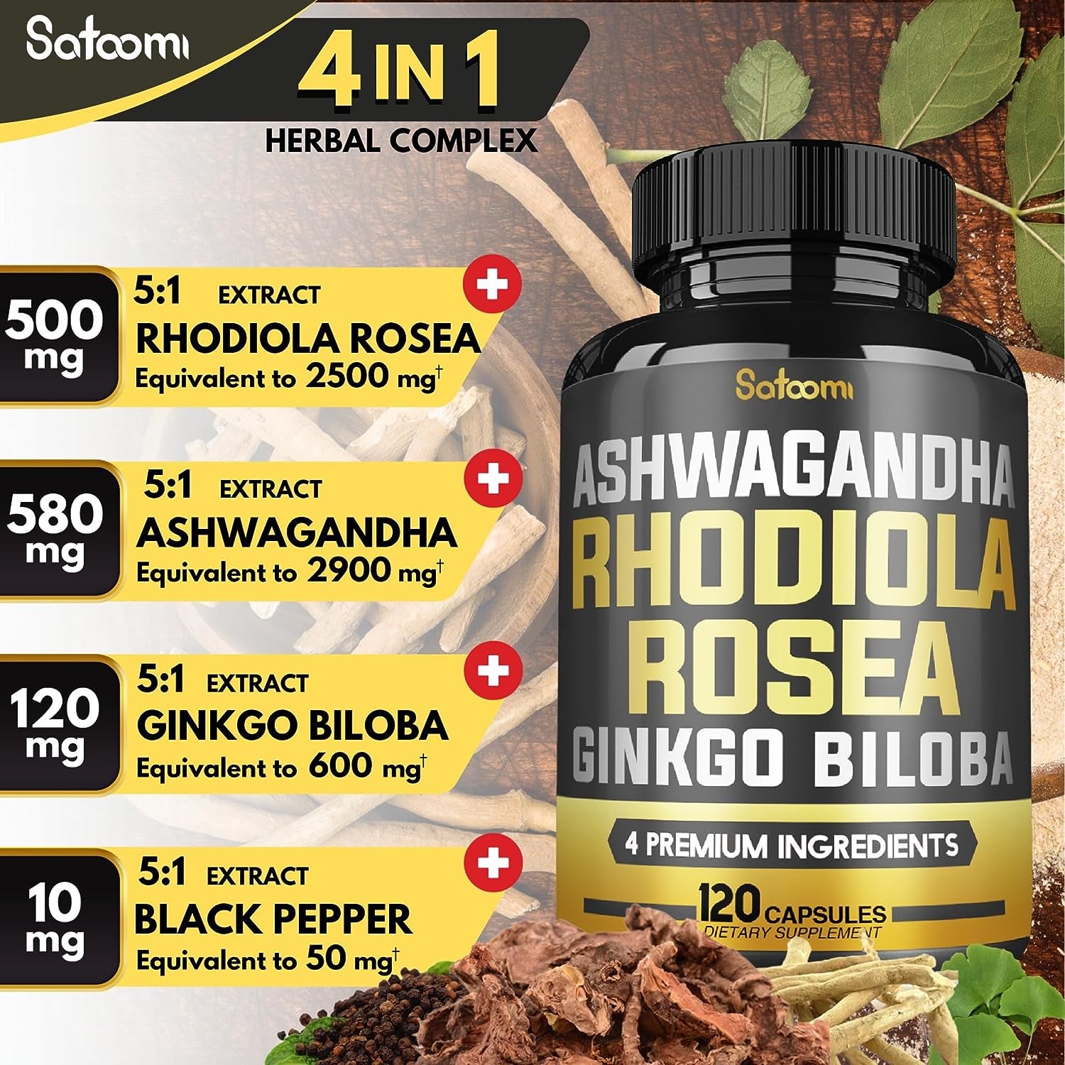 Ginkgo Biloba + Rhodiola Rosea + Ashwagandha Capsules - 120 Vegan Capsules for 2 Month
