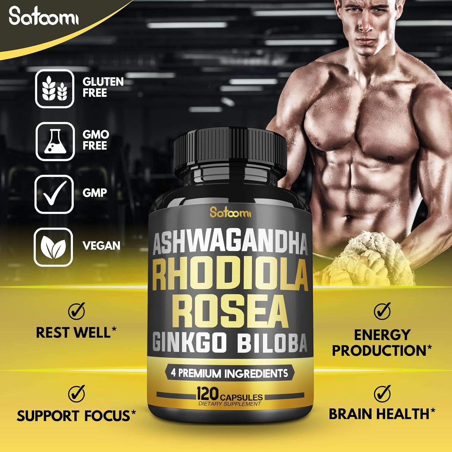 Ginkgo Biloba + Rhodiola Rosea + Ashwagandha Capsules - 120 Vegan Capsules for 2 Month